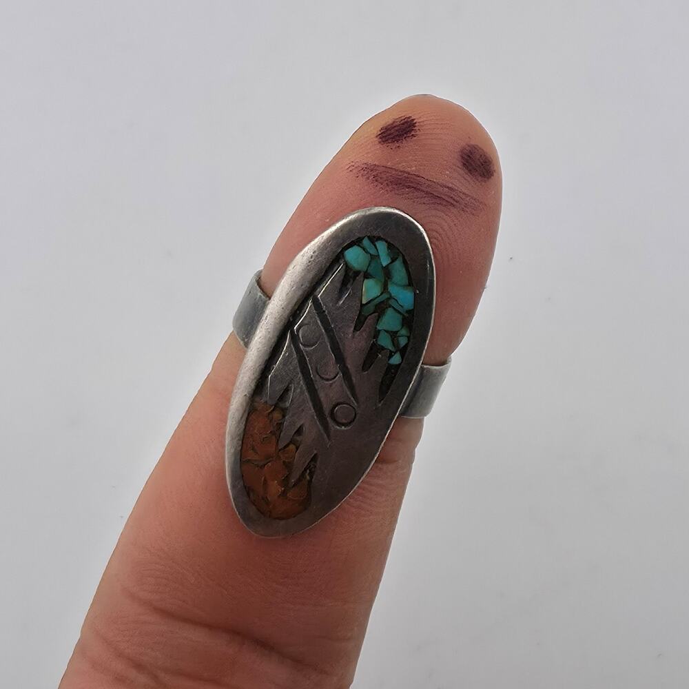 Sterling Silver Ring Blue Turquoise Red Coral Inlay Native American Sz 7.50 CCO